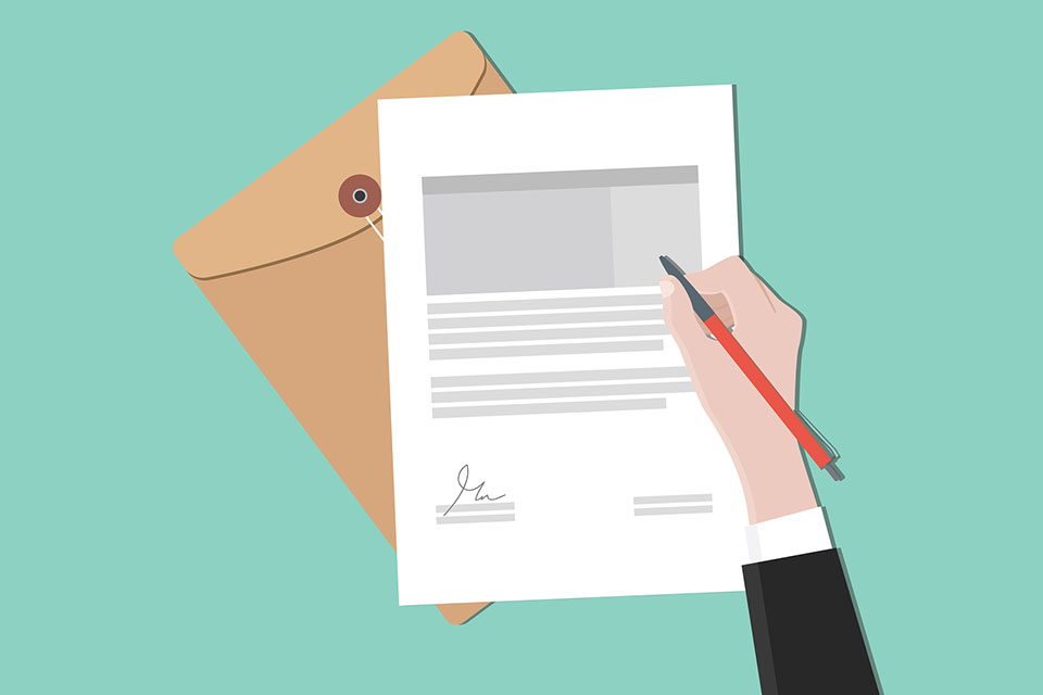 fomc illustration with business man signing a paper document on flat style vector