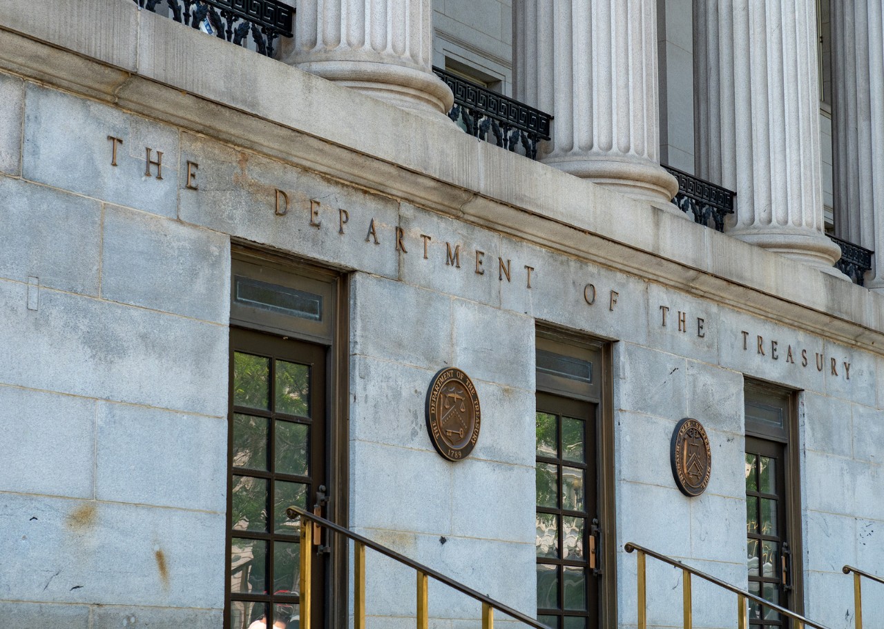 WASHINGTON, DC - MAY 15, 2018: Treasury Building entrance, headquarters of United States Department of the Treasury