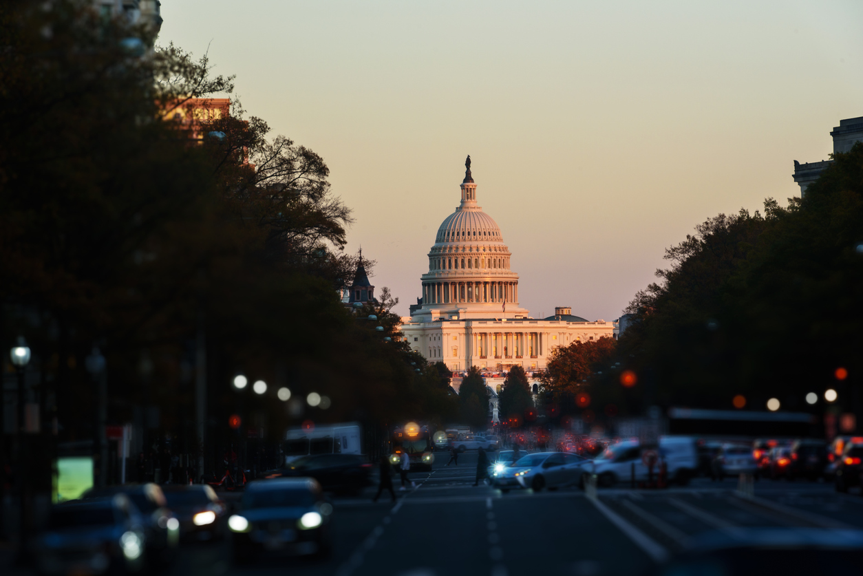 2151232372 View of Capitol Building in the background from Freedom Plaza, Focusing on the background