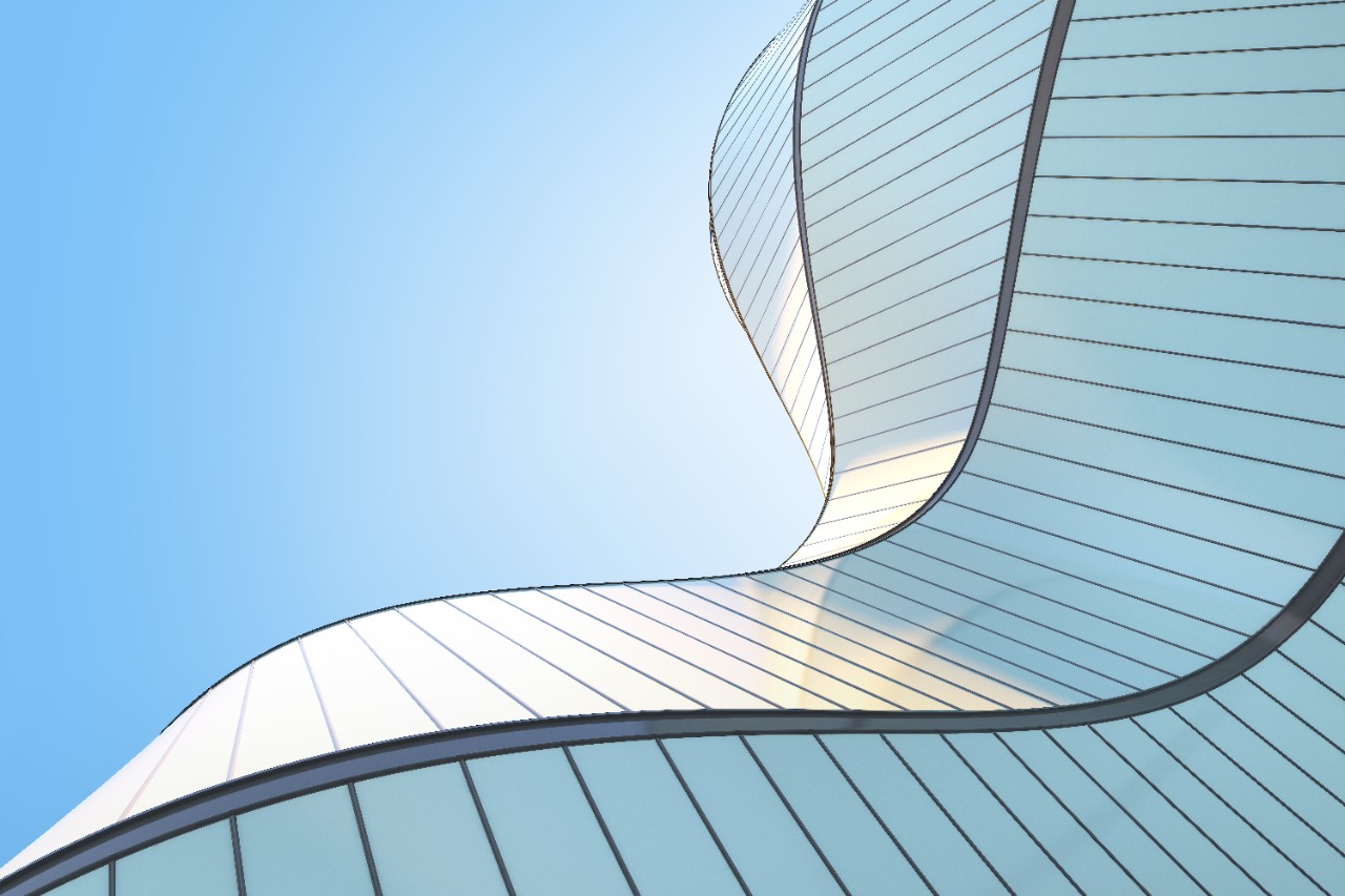 1328633577 Low angle view of futuristic modern architecture, Skyscraper of corporate office building, Curve shape, 3D rendering.